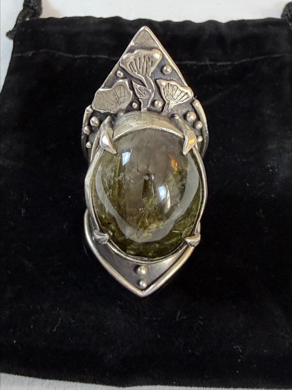 Acid Queen OOAK Botanical Shield Ring Green Tourmalated Quartz Silver Size 8.5 - Picture 2 of 16